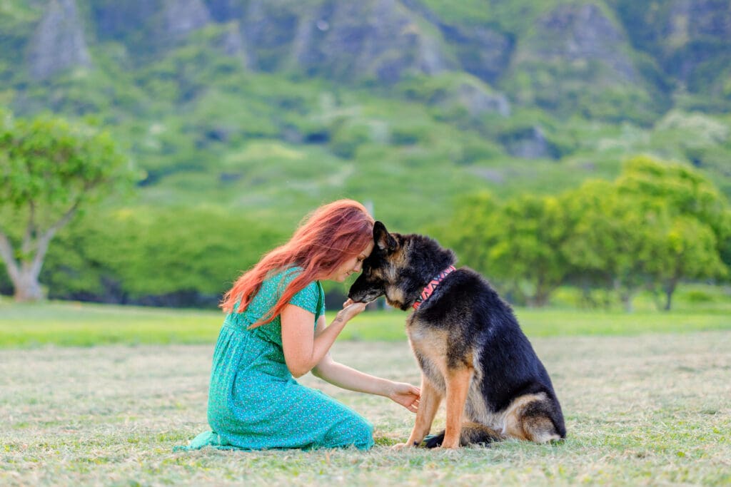Senior dog snuggled beside woman at dog photoshoot in Hawaii